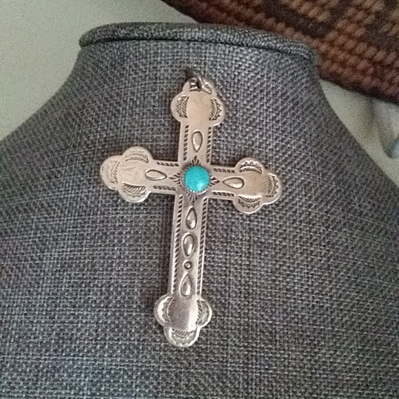 Vintage Native American Navajo Sterling & Turquoise Cross Pendant - Picture 2 of 8